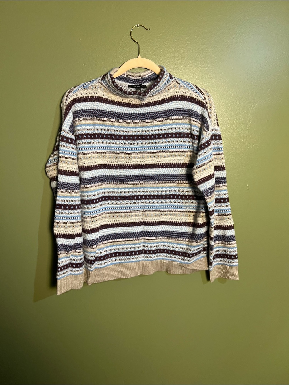 Ann Taylor Striped Crewneck Sweater in Beige, Blue & Brown